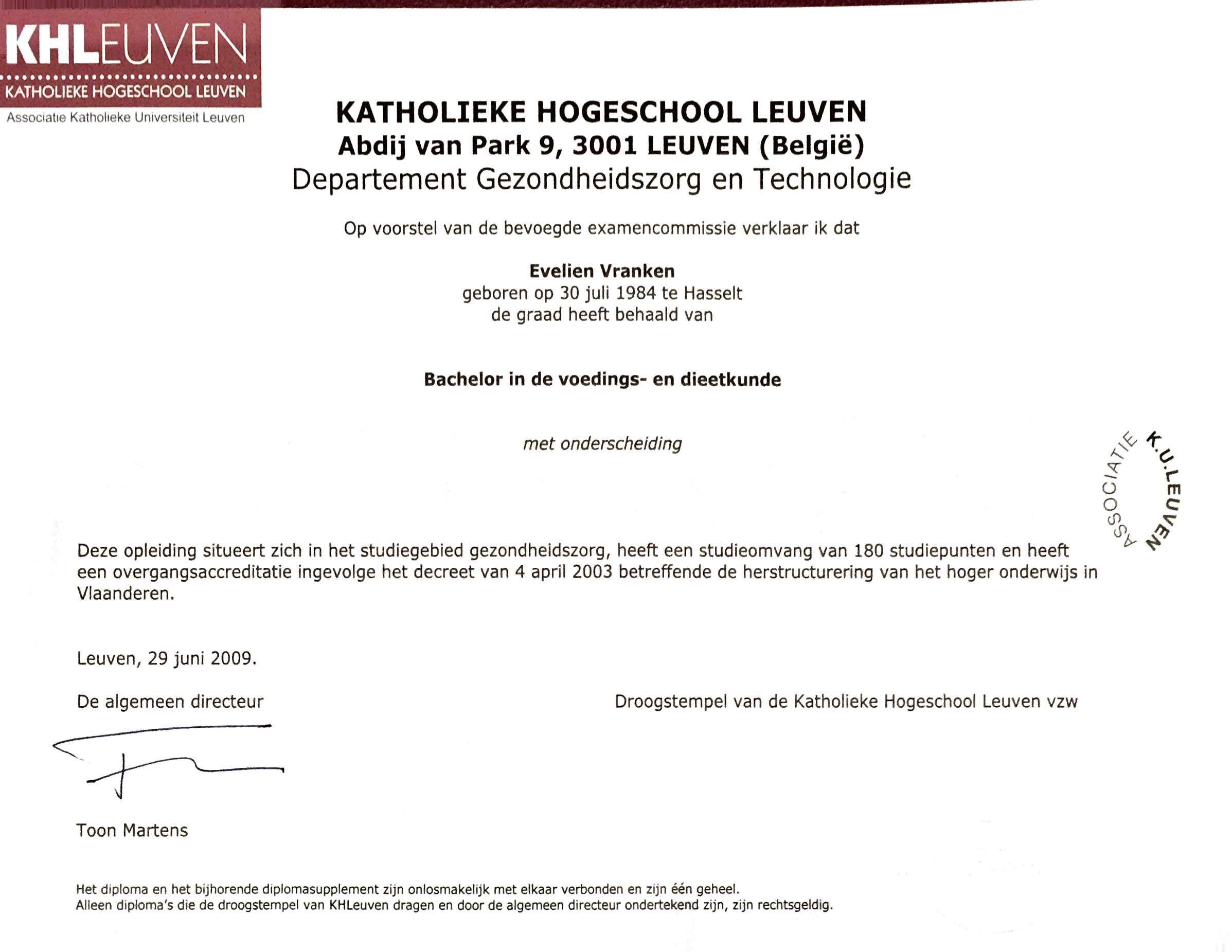 Diploma Bachelor Voedings- en Dieetkunde KHL Leuven